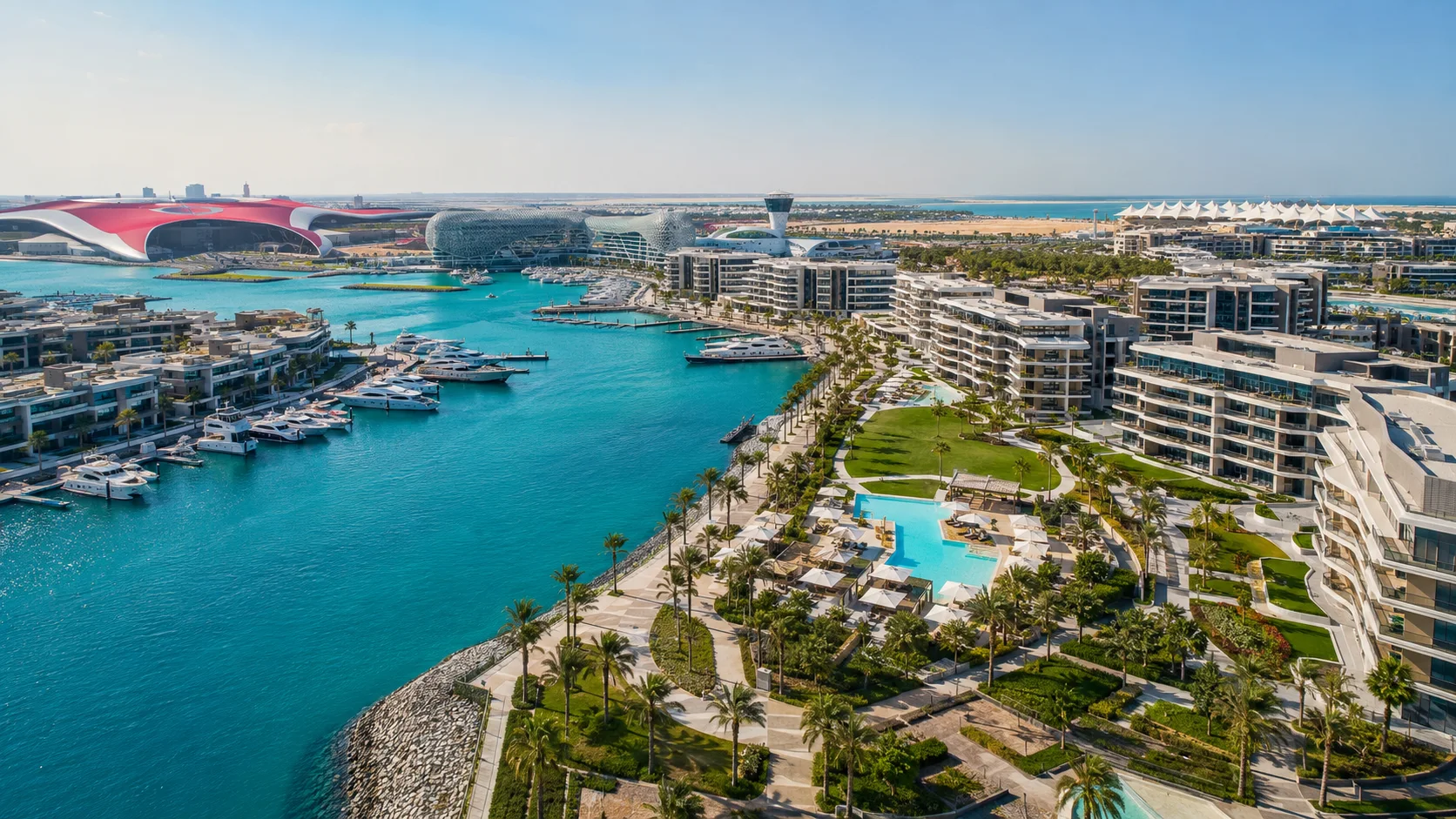 Yas Island Abu Dhabi waterfront and residential community aerial view